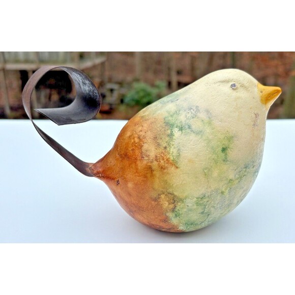 Folk Art Clay Art Pottery Bird Figure w/ Wrought Iron Tail Handcrafted Mexico - Picture 5 of 13